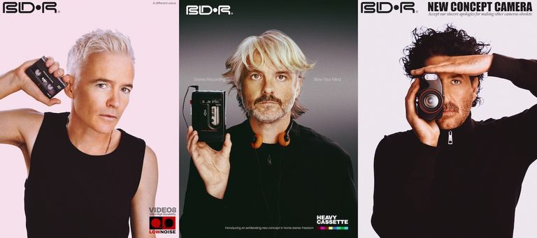 Press triptych of electronic music group The Avalanches holding retro cassette tapes, a walkman, and a camera.
